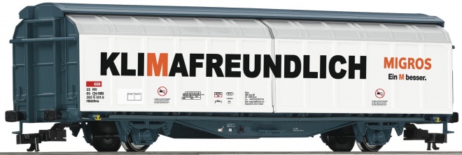 Slide wall Box car MIGROS<br /><a href='images/pictures/Roco/221423.jpg' target='_blank'>Full size image</a>